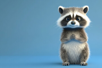Fototapeta premium A cute cartoon raccoon with a friendly expression against a blue background.