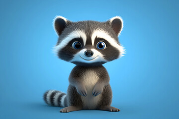 Obraz premium A cute, animated raccoon character with big eyes and a friendly expression against a blue background.