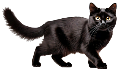 A black cat walking confidently, isolated on a white background. Its bright eyes and fluffy tail add to its charming
