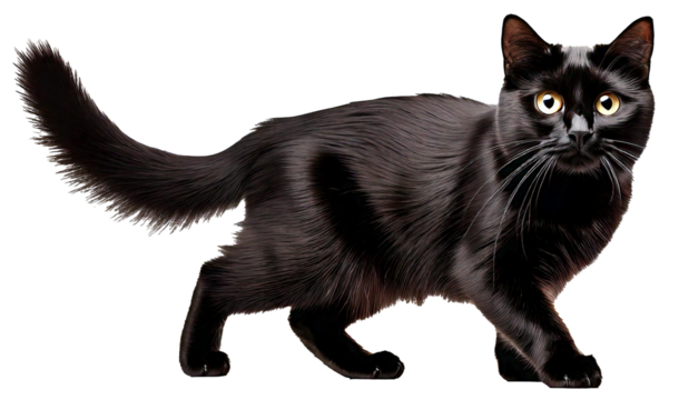 A black cat walking confidently, isolated on a white background. Its bright eyes and fluffy tail add to its charming
