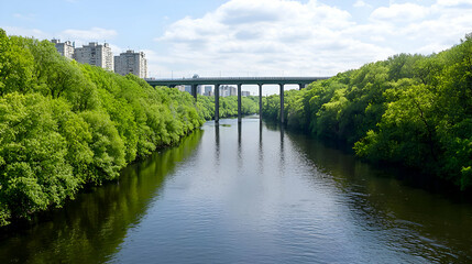Fototapeta premium Urban River Landscape With Bridge And Lush Green Trees