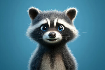 Obraz premium A cute, animated raccoon with big eyes and a friendly smile against a blue background.
