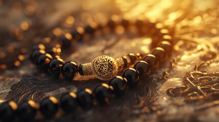 Elegant Black Beaded Necklace with Golden Accent on Textured Background