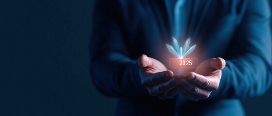 man Holding 2025 Hologram in hands