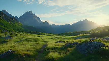Fototapeta premium Sunrise Over Lush Green Alpine Meadow with Majestic Mountains