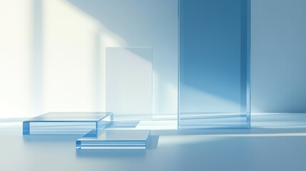 Fototapeta premium Transparent glass blocks are displayed against a white wall backdrop