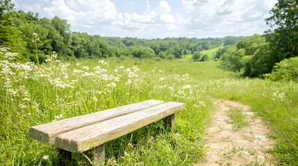 Obraz premium Peaceful park bench, scenic meadow view, summer day
