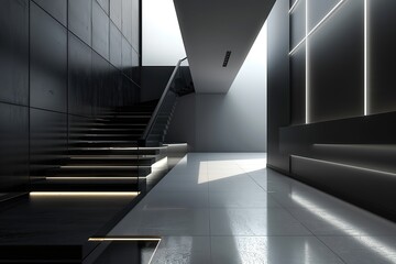 3d rendering of modern interior with stairs in the dark room, Ai Generated