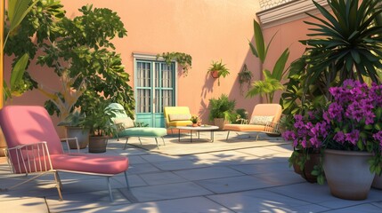 Fototapeta premium Charming outdoor patio with colorful seats vibrant garden relaxing environment bright daylight inviting atmosphere