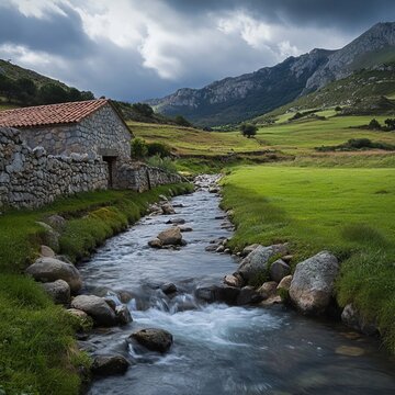 Picturesque Cantabria, Spain, featuring Valles Pasiegos and the flowing stream of Selaya.