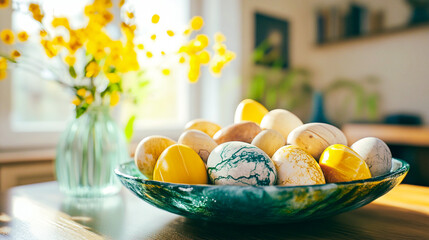 Easter eggs on green glass dish on a table in a modern kitchen. Vase with yellow flowers of a blooming mimosa in the warm light Easter decor for home.