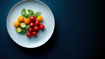 Colorful cherry tomatoes, zucchini, basil on plate, dark background, food photography