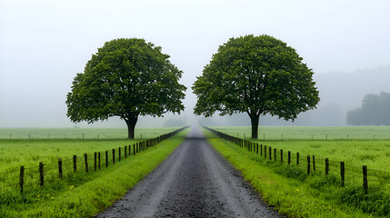 Obraz premium Misty Country Road with Two Green Trees