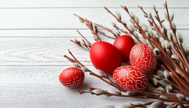 Easter background with red Easter eggs and catkins on a white background