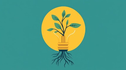 Bright light bulb with roots, ideas taking root and growing, flat design illustration.