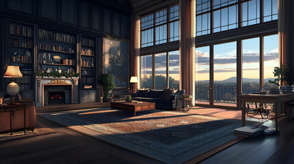 Luxurious Living Room with Panoramic Sunset View