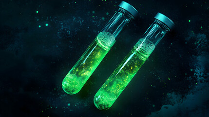 Two test tubes filled with vibrant green liquid on a dark background, representing scientific innovation