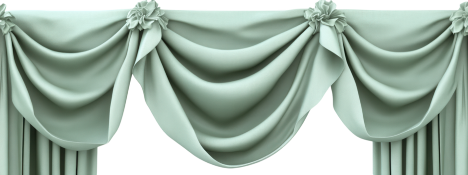 Pastel green draped curtains tied to one side, elegant texture and flow, perfect for enhancing interior spaces with a soft touch.