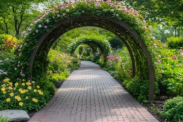 Obraz premium Enchanting Garden Path: a captivating path winds its way through a series of archways adorned with vibrant blossoms, promising a journey of beauty and serenity