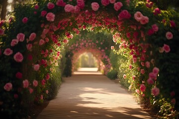 Fototapeta premium Floral Path to Serenity: A stone path lined with a vibrant tunnel of blooming rose bushes, creating a magical and romantic atmosphere, leads the eye toward a sunlit destination.