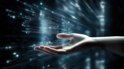 Fototapeta premium An abstract depiction of a hand reaching into a digital cosmos, symbolizing the interaction between humans and technology in a beautifully rendered visual form.