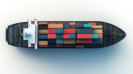 Obraz premium Container ship top-down view, maritime logistics, detailed and accurate, isolated on white background.