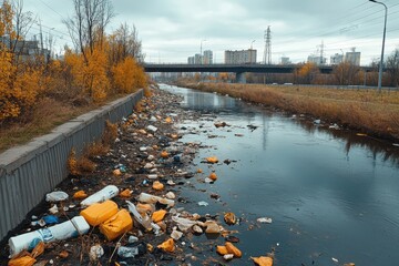 Obraz premium Pollution and Environmental Degradation in Urban River with Trash and Debris Along Shoreline
