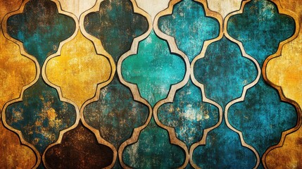 Intricate Moroccan Tile Design with Vibrant Teal and Gold Motifs