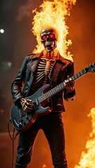 A skeleton with glowing red eyes plays an electric guitar amidst fire flames. The performance exudes energy and creativity in an engaging environment