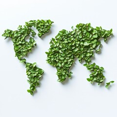 Creative World Map Using Green Leaves, Set on White Background