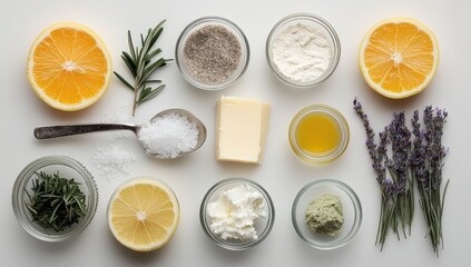 Fresh Ingredients Arrangement: Citrus, Herbs, Spices, and Buttery Elements for Culinary Creation and Natural Flavor Enhancement in Cooking
