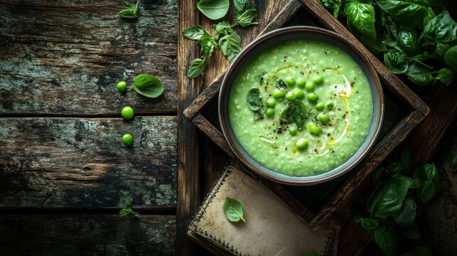 Creamy pea soup rustic wooden background recipe
