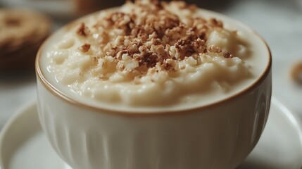 Creamy rice pudding, kitchen table, crumb topping, dessert, food photography