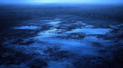 Naklejka premium Serene Blue Marsh Landscape at Dusk Reflecting Calm Waters and Mysterious Sky in Low Light Conditions