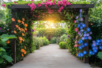 Pathway to Paradise: A picturesque garden scene features a wooden arbor, lush with colorful flowers and foliage. A stone pathway leads the eye toward a sunlit opening. 