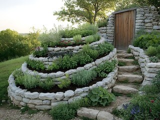 Spiral Garden of Tranquility: A captivating spiral garden, crafted with natural stone, flourishes with a vibrant array of herbs and plants. A rustic wooden door invites discovery.