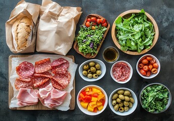 Fresh Ingredients for a Delicious Mediterranean Platter Featuring Bread, Meats, Olives, Vegetables, and Greens on a Rustic Table