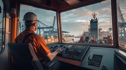 Fototapeta premium Dynamic shot of a crane operator inside the cabin, port activities visible through the windows, container and shipping ship in view