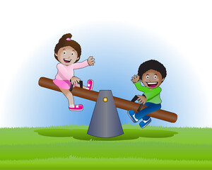 kid couple playing  childs seasaw
