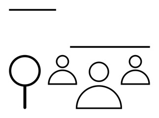 Magnifying glass near three abstract user icons within linear composition. Ideal for team management, recruitment, research, evaluation, user analytics, demographics, abstract line flat metaphor