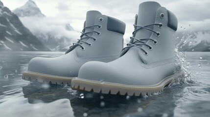 These modern, light gray waterproof boots stand out against a stunning natural backdrop, splashing in pristine waters that evoke adventure and exploration.