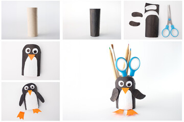 Step-by-step DIY penguin pencil holder craft made from recycled toilet paper roll and paper cutouts. Winter and Christmas kids craft project for design, print, education, school activities