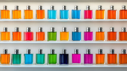 Fototapeta premium Colorful Perfume Bottles Displayed on Shelves