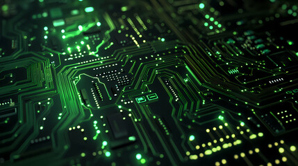 Glowing green circuit board close-up