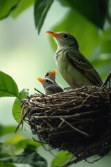 Bird in nest on tree in Spring.