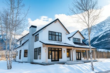 Modern white house surrounded by snow-capped mountains during a clear winter day with bright blue skies and vibrant sunlight
