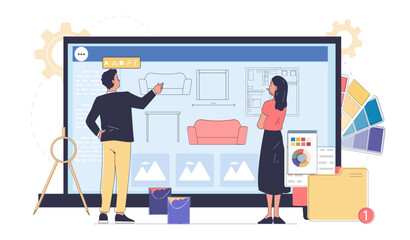 Fototapeta premium People using interior design software, flat style, on white background. Concept of home renovation and decoration planning. Vector illustration