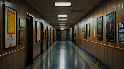 Long Dark Hallway with Wooden Walls and Framed Posters