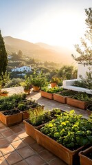 Terrace Garden Oasis: A vibrant terrace garden overlooks a serene landscape of sun-kissed hills and charming white buildings, creating a peaceful sanctuary.