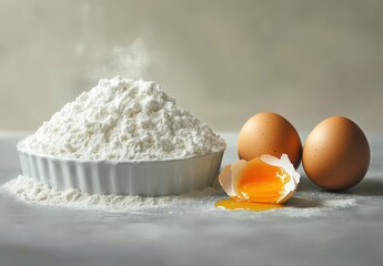Fresh Ingredients for Baking Delicious Pastries with Flour, Eggs, and Egg Yolk on a Soft Background for Culinary Arts and Home Baking Projects